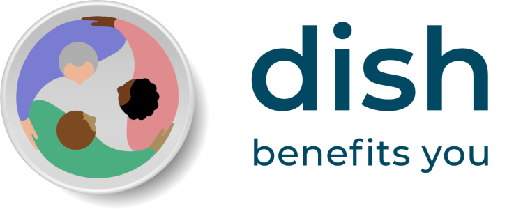 DISH logo showing an icon with three people in an embrace and the name dish benefits you.